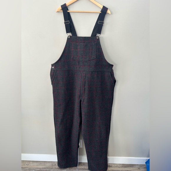 Men’s Big Bill Charcoal Red & Green Striped Plaid Heavy Duty Wool Bib Overalls - Picture 2 of 8